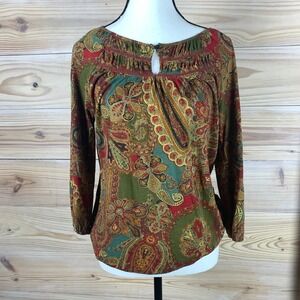 Lauren Ralph Lauren Blouse Womens Petite Paisley Earthy Boho Top
